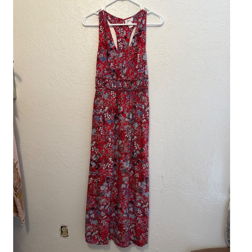 Japna Red Floral Smocked Racerback Maxi Dress Medium Keyhole Sleeveless Boho